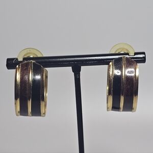 Gold and Black Duo-Stripe Huggie Earrings - Women Jewelry